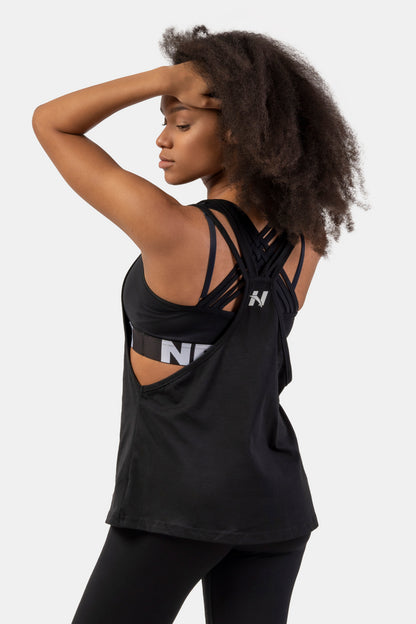 NEBBIA Sleeveless Loose Cross Back Tank Top "Feeling Good", svart